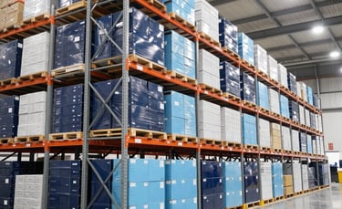 A wide-angle shot of a modern wholesale distribution center in Central Europe. High steel racking is organized with boxed goods under bright, even industrial lighting. The atmosphere is professional and orderly, featuring a palette of navy blue, light blue, and white.
