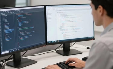 A high-end North American office setting featuring a software developer focused on a dual-monitor setup displaying clean website code. The lighting is bright and professional with a palette of slate blue and off-white.