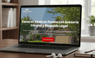 Laptop que muestra una página web inmobiliaria de casas Velaris en Puebla con asesoramiento legal