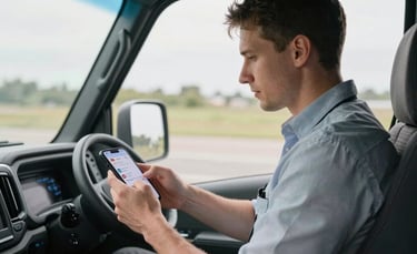 A professional Western European driver in a modern motorcoach cabin, using a smartphone to log expenses on a clear interface. Soft daylight filtering through the large bus windows, clean interior, professional attire.
