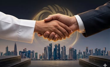Business handshake between partners over a modern city skyline, symbolizing international trade and investment.