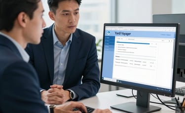 A professional North American office setting with two property management consultants in business attire viewing Yardi Voyager software on a sleek desktop monitor, bright natural morning light, clean corporate atmosphere, navy blue and light blue color palette.