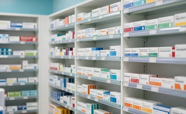 A professional and clean interior of a modern pharmacy in a South Asian city. Neatly organized shelves are filled with various medicine boxes and health supplements. The lighting is bright and hospital-clean, with soft accents of medium blue and sky blue in the decor.