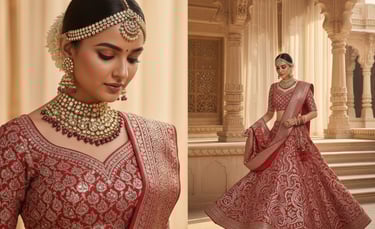 a woman in a red and gold bridalle dress