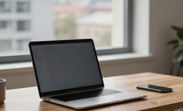 A high-end, minimalist Northern European home office with a professional laptop on a clean wooden desk, soft natural lighting, and a blurred view of a modern city through the window.