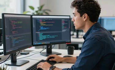 A professional software developer in a modern, clean office in a Latin American / Spanish setting. The workspace features sleek monitors showing lines of code, with navy blue and slate grey corporate accents in the background. Natural morning light creates a bright, productive atmosphere.
