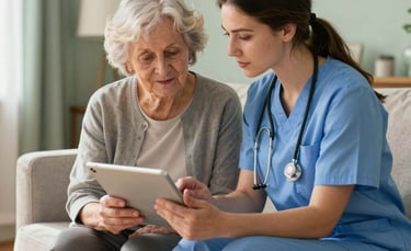 Photography of a compassionate caregiver sitting next to an elderly woman in a bright North American living room, showing her how to use a tablet. The room has soft sage green accents and warm wooden floors. Natural morning light, professional style.