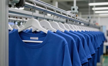 Detailed photography of an automated overhead hanger transport system in a modern textile factory. The scene shows garment hangers moving along a sleek metal track with high-tech sensors. Lighting is professional and industrial with highlights in highlight blue and deep blue. The setting is a South American / Brazilian industrial facility, clean and highly efficient.