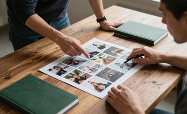 Photography of a collaborative workspace in a North American studio. Two professionals are seen from above, planning a social media grid on a rustic warm brown wooden table with matte forest green notebooks. Natural, soft window lighting.