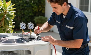 A professional HVAC technician in a clean, branded navy blue uniform inspecting a sleek, modern outdoor air conditioning unit. The setting is a North American residence in Miami, with bright sunlight and lush foliage in the background. The shot is high-angle, focusing on the technical precision of the tool gauges and the silver metallic finish of the cooling system.