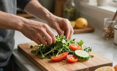 A person preparing a healthy, affordable meal with fresh vegetables in a modest, cozy kitchen, North American / US setting, warm and accessible mood, soft natural light.