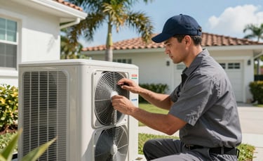 A professional HVAC technician in a cool gray uniform inspecting a modern outdoor AC unit. The setting is a bright, sunlit residential property in Miami, Florida, with palm trees and a clear sky blue background. The style is clean, modern, and trustworthy.
