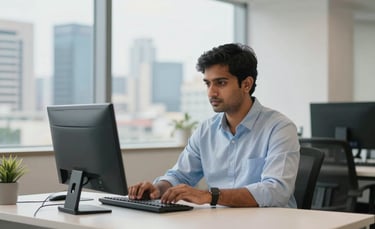 A focused South Asian software engineer working at a minimalist desk in a bright, modern Ahmedabad office, with a soft-focus view of the city's commercial skyline in the background, professional and clean photography, blue and off-white color palette.