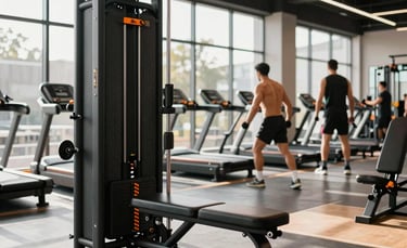 A high-performance modern gym interior with Carbon Black equipment and Energy Orange accents. Bright, energetic morning light streams through large windows onto a polished floor. Professional athletes are seen in the distance, focused and training. Global / Spanish-speaking setting.