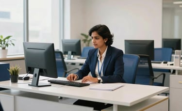 A high-end, wide shot of a professional South Asian documentation consultant working in a bright, modern Bandra West office. The office features sleek white furniture with royal blue and gold accents, projecting a formal and trustworthy business atmosphere. Soft natural light illuminates the desk.