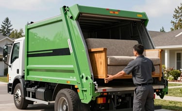 A professional junk removal truck with green and black branding parked in a clean suburban Spokane Valley driveway. A friendly team member in a charcoal grey uniform is efficiently loading a large wooden sofa into the truck. Bright, natural North American daylight, clean composition.