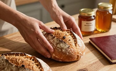 A close-up of a North American / US social media manager's hands arranging artisanal bread and jars of honey for a photo shoot in a sunlit, rustic bakery. Warm wood textures, gold accents, and a deep red notebook on the side. Soft, professional natural lighting.