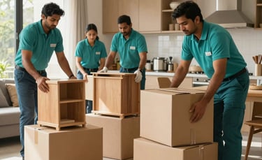 A professional photograph of a team of movers in teal uniforms efficiently packing wooden furniture and kitchenware into sturdy cardboard boxes inside a modern, sunlit South Asian / Indian apartment. The atmosphere is organized and professional.