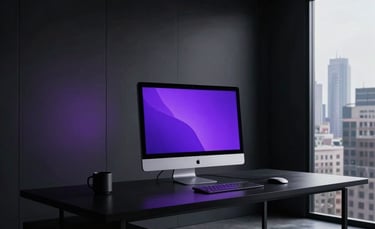 Photography of a high-end minimalist home office in a North American city. A sleek black desk holds a modern computer with purple ambient light reflecting off dark walls. The lighting is low-key and professional.