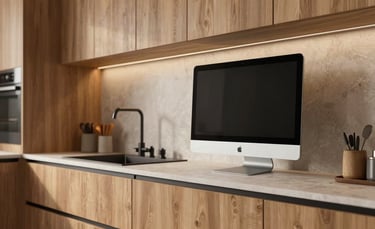 A high-quality 3D photorealistic render of a modern integrated kitchen on a sleek monitor, featuring soft wood textures and warm ambient lighting, in a Hispanic / Latin American architectural setting.