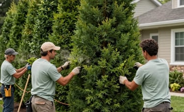 A high-detail photograph of a professional landscaping team in North American work attire removing a tall, overgrown cedar hedge from a residential backyard in Canada. The scene is bright and professional, featuring forest green and light sage tones.