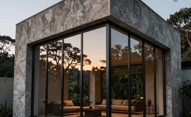 Modern Wabi-sabi architecture in South American / Colombian Oriente, featuring raw textures and floor-to-ceiling glass, reflecting the surrounding forest, twilight lighting.