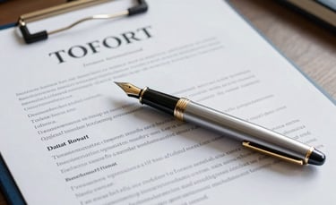 A high-end professional desk setting in a North American / International Business office. A high-quality fountain pen lies across a complex legal contract. Soft daylight illuminates the scene, highlighting a sophisticated color palette of slate blue and gold.