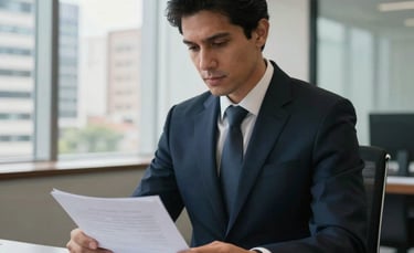 A focused professional lawyer in a modern, light-filled office in a South American city. He wears a sharp dark navy suit and reviews documents with confidence. The setting is clean and sophisticated with steel blue accents and large windows showing urban architecture.