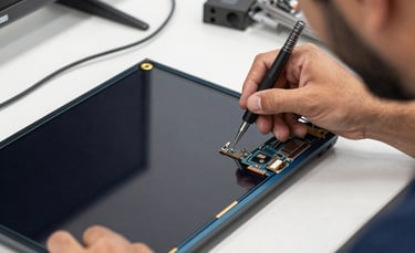 A close-up photograph of a professional technician's hands using specialized tools to repair the thin screen of a modern LED TV. The workshop is clean and bright, located in Al Nahda, Dubai. The color palette features steel blue and off-white tones, reflecting a professional Middle Eastern / Gulf service environment.