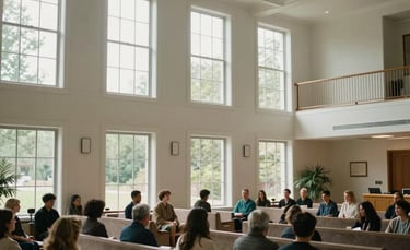 An airy North American community hall with tall windows and comfortable seating, arranged for a spiritual gathering, off-white and teal decor.