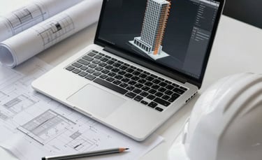 A crisp, high-angle photograph of a professional engineer's desk in Guadalajara, Mexico. On the desk, a high-performance laptop displays a complex 3D structural model of a skyscraper with orange structural nodes. Beside it are rolled architectural blueprints, a silver technical pencil, and a white safety helmet. The lighting is clean, natural daylight, reflecting a professional and efficient workspace. Palette includes white, grey, and black.