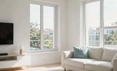Clean and bright photography of a modern South Asian residential apartment interior, minimalist white furniture, large windows with soft natural sunlight, and a light blue accent pillow.