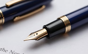 A macro photography shot of a high-quality fountain pen resting on a signed legal document. Professional lighting with gold and dark blue accents in the background.