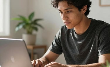 A close-up photograph of a South American young adult in a modern, sunlit home office, focused on a sleek laptop screen, with soft shadows and a professional, clean environment including a small green plant.