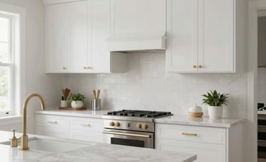 A bright, modern residential kitchen in a North American home featuring cloud white cabinetry, gold-toned hardware, and a marble island countertop. The lighting is soft and natural, emphasizing a clean and premium minimalist design.