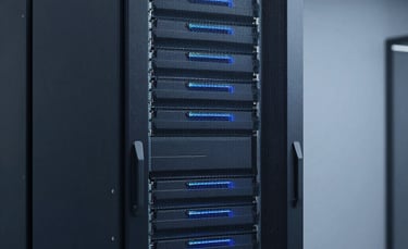 Professional photography of a sleek, minimalist server rack in a modern North American / US data center. The lighting is soft and modern, using deep blue and cool grey tones to evoke a sense of advanced cloud technology and security.