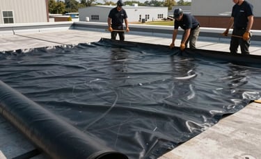 A professional photography shot of a specialized crew installing a high-quality black EPDM rubber membrane on a flat commercial roof in New Jersey. The scene shows the clean, technical process of laying the material under bright daylight with North American industrial architecture in the background.