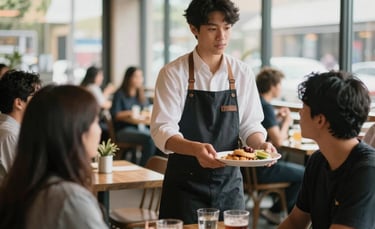 A high-energy photograph of a modern North American bistro during peak hours, with an efficient staff member serving customers. Bright, natural lighting, sharp focus, and a direct, professional atmosphere reflecting fast-paced hospitality.