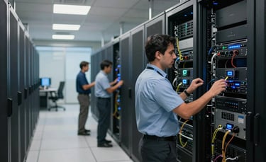 A wide shot of a modern data center interior in Mexico City with professional technicians working on enterprise-grade IoT hardware, soft light blue and off-white lighting, cinematic depth of field.