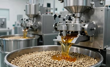 A high-end industrial production facility in Central Europe. The scene shows the sophisticated processing of coffee beans and honey, with clean stainless steel equipment and soft natural lighting. The color palette features slate gray and cool white tones, emphasizing a professional and sterile environment.