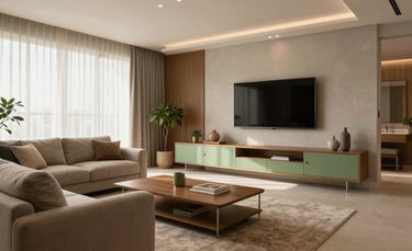 Interior de um apartamento moderno e sofisticado em Campinas, Brasil, com iluminação natural suave, móveis de design contemporâneo em tons de bege e verde sálvia, fotografia imobiliária profissional.