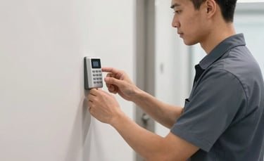 A professional technician in professional North American attire carefully installing a modern wall-mounted security keypad in a bright, contemporary office hallway, clean lines and professional lighting, blue-grey and off-white color palette.