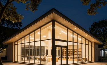 A high-contrast photograph of a modern community center at night, glowing with warm light, International / Global, surrounded by trees, Dark Blue and Sand tones.