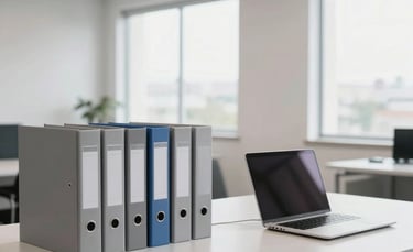 Interior photography of a bright, minimalist office in South American Brazil. An organized workspace features silver gray folders, a modern laptop, and steel blue accents. Soft natural light through large windows creates a professional and clean atmosphere.
