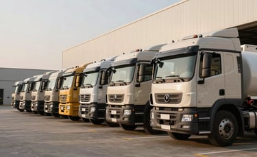 A row of clean, heavy-duty commercial transport trucks and water tankers lined up at a modern warehouse in a Middle Eastern / Gulf industrial zone, professional architectural photography, beige and black accents, bright afternoon sunlight.