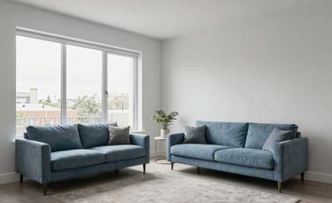 Professional architectural photography of a bright, minimalist apartment living room in a North American / US property. Large windows casting soft natural light on light gray walls and muted blue furniture. Clean lines, sophisticated and welcoming atmosphere.