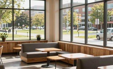 A sunlit common area in a modern community center, featuring comfortable seating, natural wood accents, and large windows looking out onto a park in a North American city.