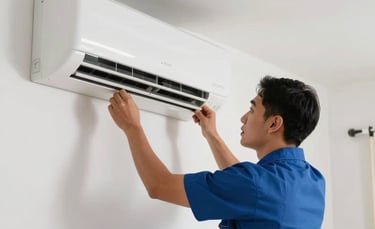 Professional technician in a neat uniform installing a modern split air conditioning unit on a clean white wall in a bright South American residential living room, daylight, high quality photography.