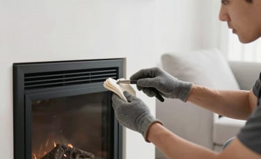 A close-up of a professional technician cleaning a modern black metal fireplace flue inside a bright, minimalist North American living room with white walls and light gray furniture. The lighting is soft and natural, emphasizing cleanliness and professional service.
