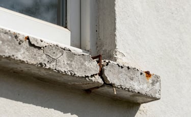 A professional photograph of a weathered concrete window sill on a North American / Florida home. The cement is splitting, showing rusted metal re-bar. Sharp focus on the texture of the cracked grey concrete against the off-white exterior wall. Bright daytime lighting.